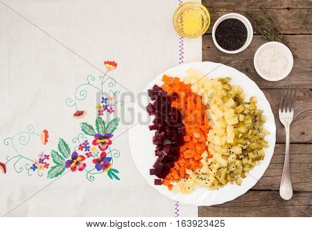 Plate Of Beetroot Salad Of Boiled Organic Homegrown Vegetables