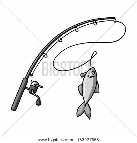 Fishing rod and fish icon in monochrome design isolated on white background. Fishing symbol stock vector illustration.