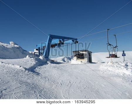 The construction of the ski lift station a place of exit from the chair lift station