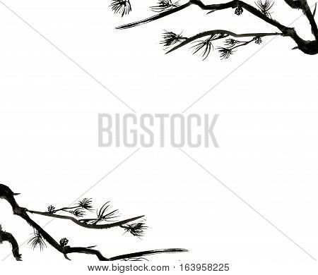 Branches of pine trees isolated on white background with space for text.. Ink drawing in the Chinese style.