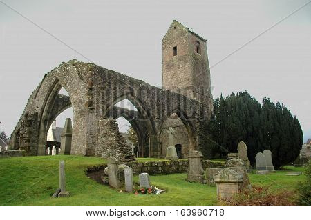 The ruin of an old church in Muthill, Scotland, with a bell tower dating to the 11th century.