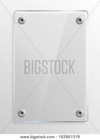 Transparent Glass Plate Mock Up. See through banner with mounts. Plastic banner with reflection and shadow. Photo realistic vector illustration
