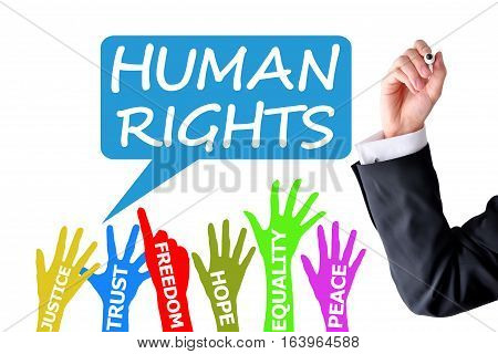 Human rights lawyer writing on white background