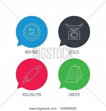 Colored speech bubbles. Kitchen scales, rolling pin and grater icons. BPA free linear sign. Flat web buttons with linear icons. Vector