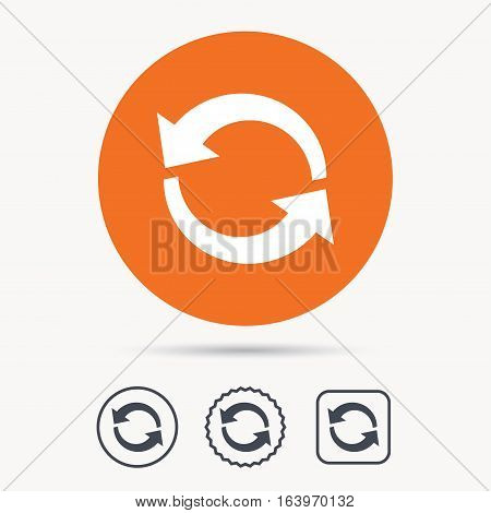 Update icon. Refresh or repeat symbol. Orange circle button with web icon. Star and square design. Vector