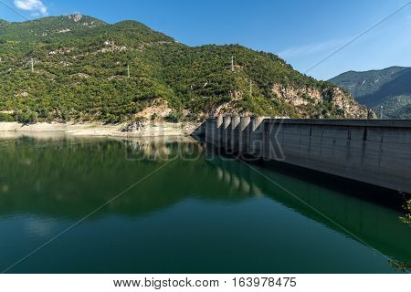 Panoramic view of Dam of the Vacha (Antonivanovtsy) Reservoir, Rhodopes Mountain, Bulgaria