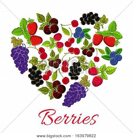 Berries in shape of heart. Vector emblem of sweet forest and garden berries grapes, strawberry, blueberry, gooseberry, black and red currant, cherry, raspberry for jam, juice marmalade dessert sticker, farm fruits store
