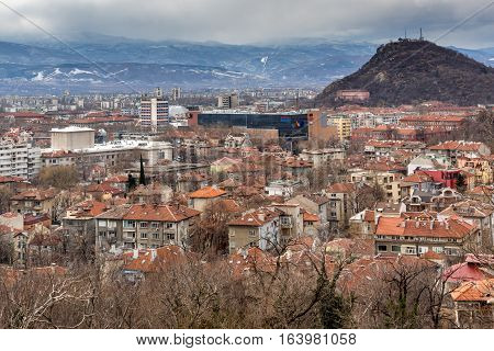PLOVDIV, BULGARIA - DECEMBER 30 2016:  Panoramic view of city of Plovdiv from Sahat tepe hill, Bulgaria
