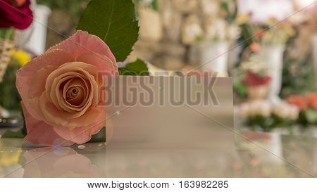 The rose is on the table and a card for notes