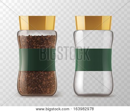Coffee glass jar with instant coffee granules and empty can. Vector isolated glass coffee jars with brown lid and sticker tag on transparent background for product packaging template