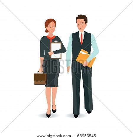 Young business man and woman in suit walking forward with a briefcase isolated on white background