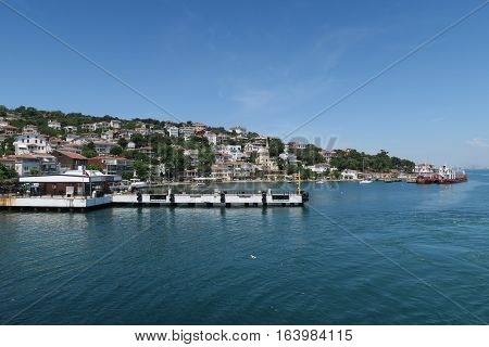 Port of Burgazada, one of the Prince Islands in the Marmara Sea, near Istanbul, Turkey. As seen from a Ferry to Buyukada.