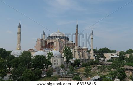 View at 1.500 Years old Hagia Sophia, Christian Orthodox Patriarchal Basilica, Imperial Mosque and now a Museum in Istanbul, Turkey
