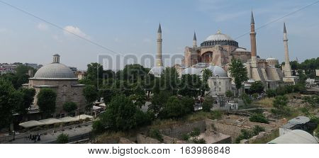 View at 1.500 Years old Hagia Sophia, Christian Orthodox Patriarchal Basilica, Imperial Mosque and now a Museum in Istanbul, Turkey