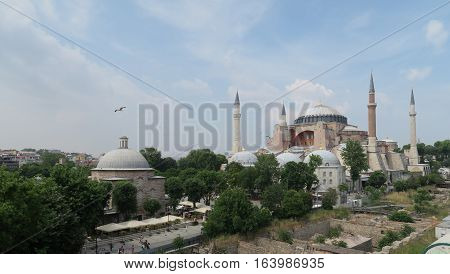 View at 1.500 Years old Hagia Sophia, Christian Orthodox Patriarchal Basilica, Imperial Mosque and now a Museum in Istanbul, Turkey