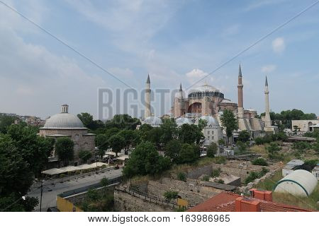 View at 1.500 Years old Hagia Sophia, Christian Orthodox Patriarchal Basilica, Imperial Mosque and now a Museum in Istanbul, Turkey
