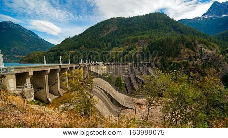 Diablo Dam with Diablo Lake behind it in North Cascades National Park Washington