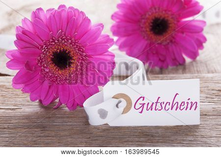 Label With German Text Gutschein Means Voucher. Pink Spring Gerbera Blossom. Vintage, Rutic Or Aged Wooden Background. Card For Spring Greetings.