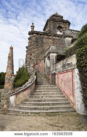 CAXIAS, PORTUGAL - October 26, 2016: View of the stairway to the monumental cascade of the Royal Gardens of Caxias Portugal
