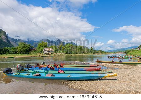 Long Tail Boats On Song River, Vang Vieng, Laos