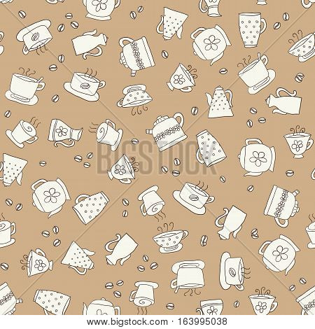 Seamless pattern of hand-drawn icons coffee tea and teapot