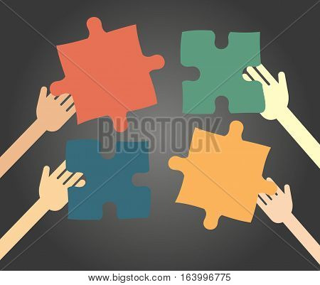 idea concept - People collect puzzle. black background. vector