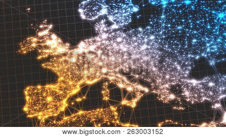 Glowing City And Human Population Density Areas With Linear Connections Between Them. View Of Europa