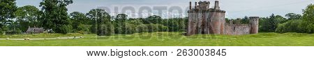 Shearington, Scotland, Uk - June 18, 2012: Wide Panorama Frontal Shot Of South Side Of Ruined  Trian
