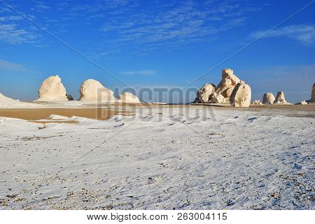 Beautiful Desert Landscape. Abstract Nature Rock Formations Aka Sculptures In Western White Desert, 