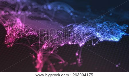 Glowing City And Human Population Density Areas With Bouncy Line Connections Between Them. View Of A