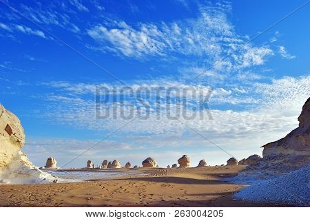 Beautiful Desert Scenery. Abstract Nature Rock Formations Aka Sculptures In Western White Desert, Sa