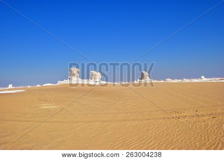 Beautiful Landscape Of Desert. Abstract Nature Rock Formations Aka Sculptures In Western White Deser