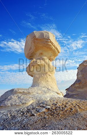 Beautiful Abstract Nature Rock Formations Aka Sculptures In Western White Desert At Sunset, Sahara. 
