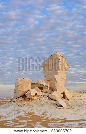 Beautiful Abstract Nature Rock Formations Aka Sculptures In Western White Desert At Sunset, Sahara. 