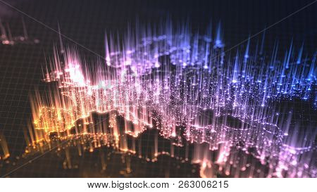 Glowing City And Human Population Density Areas With Rising Lines From Them. View Of Europa. 3d Illu