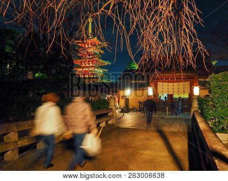 Japan, Nara - January 01, 2018: Famous Japanese Pagoda At Yakushi-ji Temple In Nara Light Up At Nigh