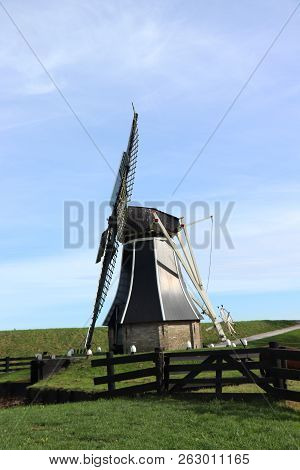 Enkhuizen, The Netherlands - October 12th 2018: 19th Century Windmill, Reconstruction In Zuiderzee O
