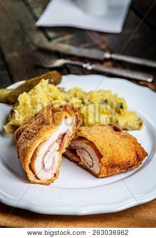 Traditional French Cuisine Chicken Roll Cordon Bleu Or Gordon Blue With Cheese, Ham And Mashed Potat
