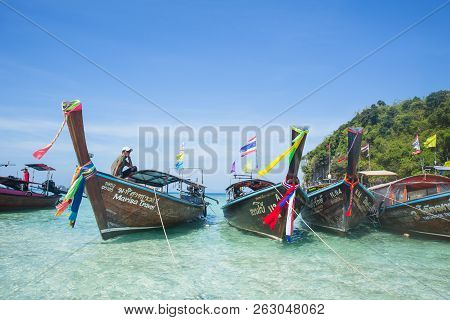 Traditional Wooden Longtrail Boat For Tourist At Maya Bay In Phi Phi Island Andaman Sea Most Popular