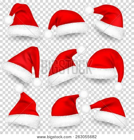 Christmas Santa Claus Hats With Fur And Shadow Set. New Year Red Hat Isolated On Transparent Backgro