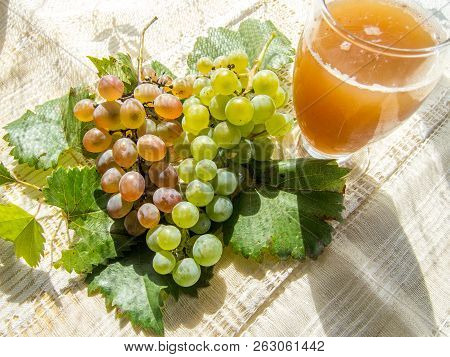 Glass Of White Stum Together With Some Green Grapes Photographed In Retro Style In Natural Light