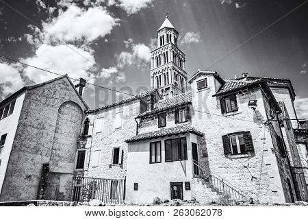 Cathedral Of Saint Domnius In Split, Croatia. Religious Architecture. Travel Destination. Black And 