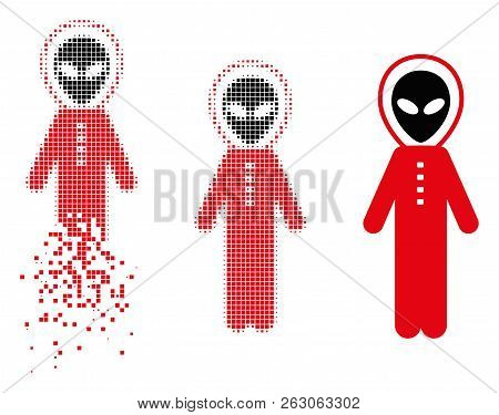 Alien Skafandr Icon In Dissolved, Pixelated Halftone And Undamaged Solid Variants. Points Are Compos