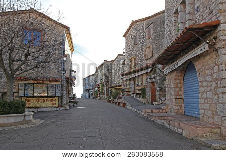 Gourdon, France - January 20, 2012: Main Street With Stone Houses In Feudal Style Village Gourdon, F