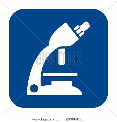 Vector Monochrome Flat Design Icon Of Optical Microscope.  Blue Isolated Logo.