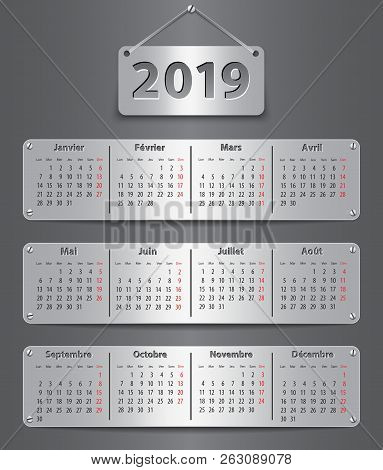 Calendar For 2019 Year In French With Attached Metallic Tablets. Vector Illustration