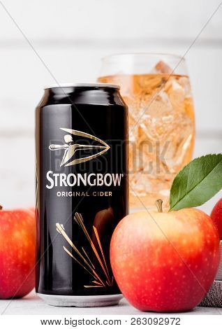 London, Uk - September 13, 2018: Aluminium Can Of Strongbow Original Cider With Fresh Apples On Wood