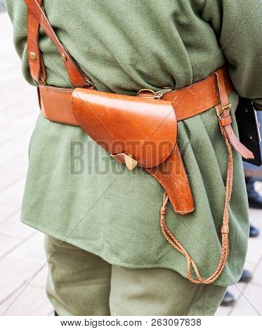 Vintage Leather Belt With Holster Of Retro Uniform Of Russian Army