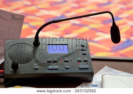 Translator Room . Translators Cubicle . Interpreting - Microphone And Switchboard In An Simultaneous