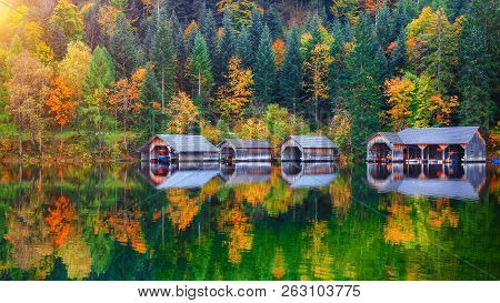 Misty Morning On Altaussee Village.misty Autumn Scene In The Morning. Mirror Reflection. Location: R
